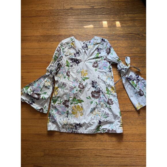 Free People Blouse Womens Small White Floral Bell Sleeve Tie Boho Top Pockets - Picture 3 of 10